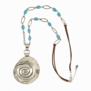 ERICA LYONS Silver-Turquoise Spiral Pendant Long Statement Necklace Boho